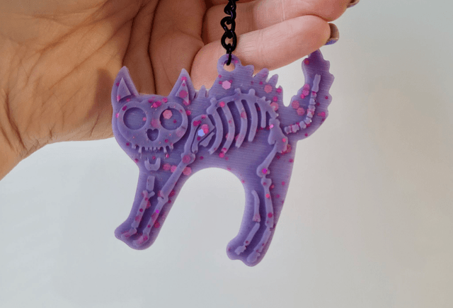 Purple Glitter Skeleton Cat Keychain - Hellcat Keyring