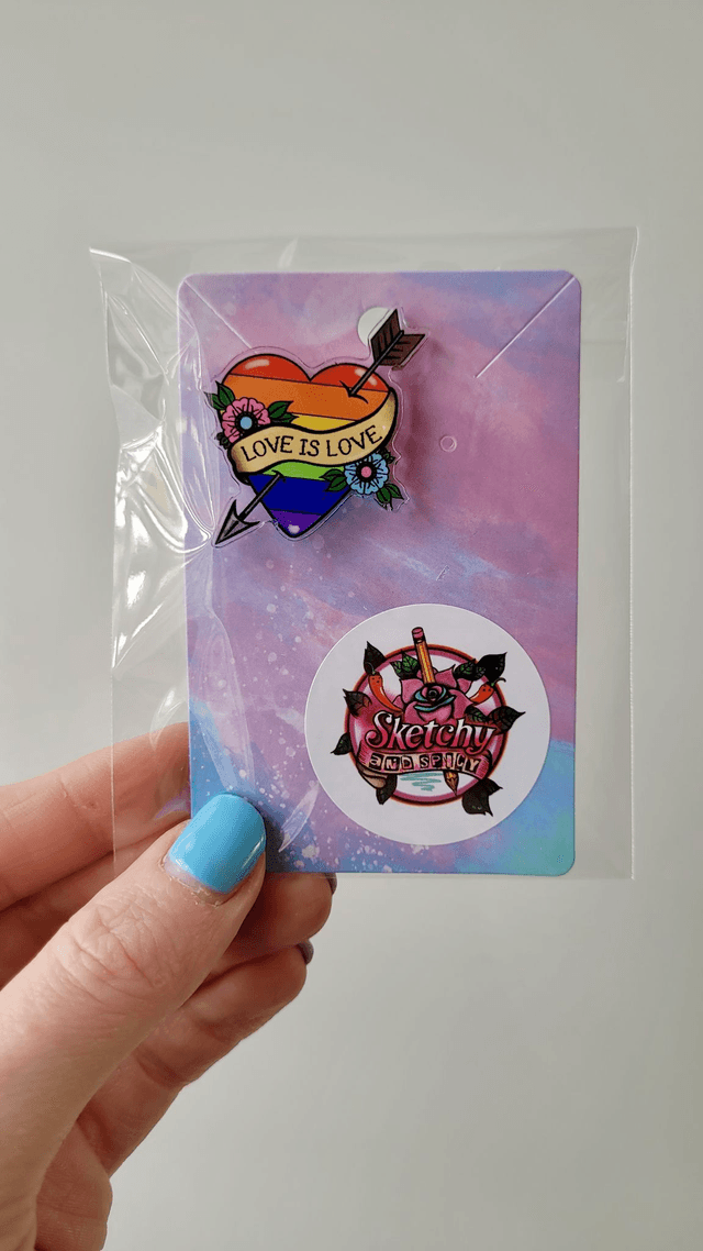 Pride LGBTQ+ Love is Love - Tattoo Heart & Arrow with Scroll Acrylic Pin Badge