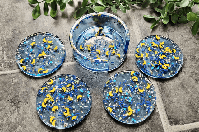 Coasters Set of 4 with Holder - Blue Moon & Star Glitter