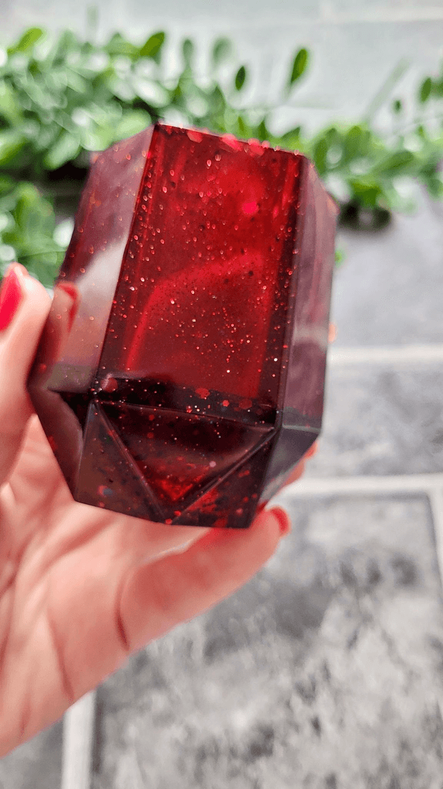 Pencil Pot - Dark Red Glitter Resin Pot – Hexagonal Holder for Pens, Brushes, or Makeup