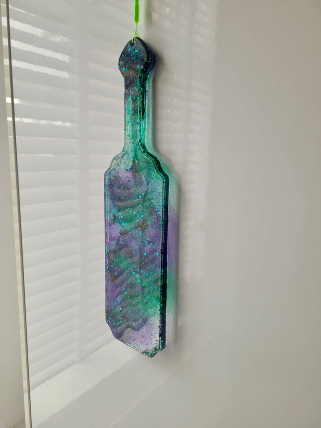 Handmade Resin Paddle – Green Purple Glitter Swirl with Neon Strap | Alt Decor or Kinky Gift