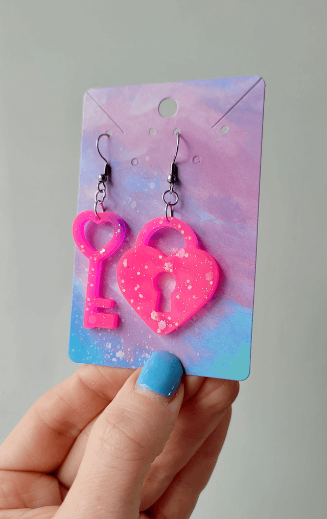 Earrings | Bright Neon Pink Glitter Heart Lock and Key | Stainless Steel Hoops