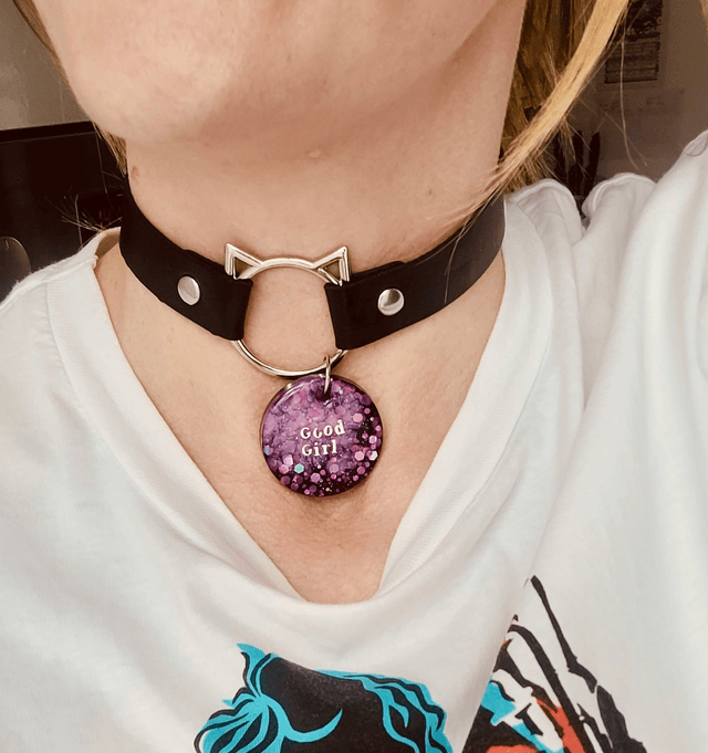 Choker - Black Faux Leather Chokers with Metal O-Ring and Resin Tags