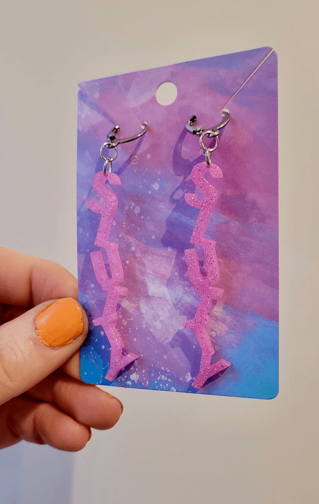 Earrings- Pink Glitter SLUTTY Earrings | Stainless Steel Lever back Hoops