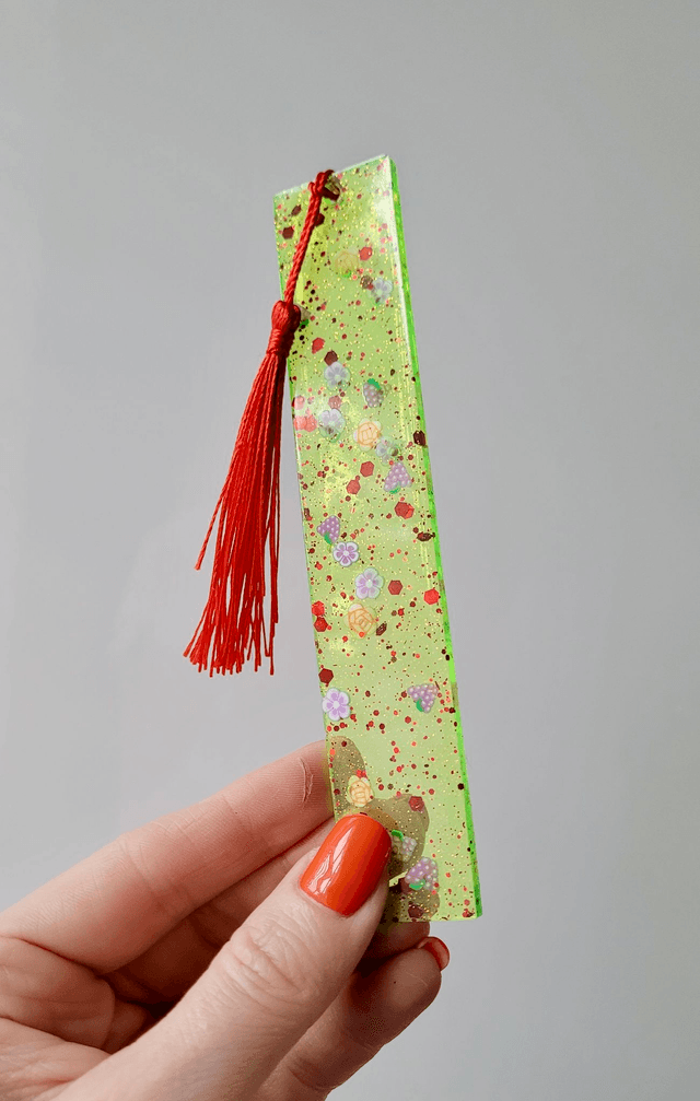 Flower and Fruit Green Glitter Bookmark with Red Glitter and Tassle