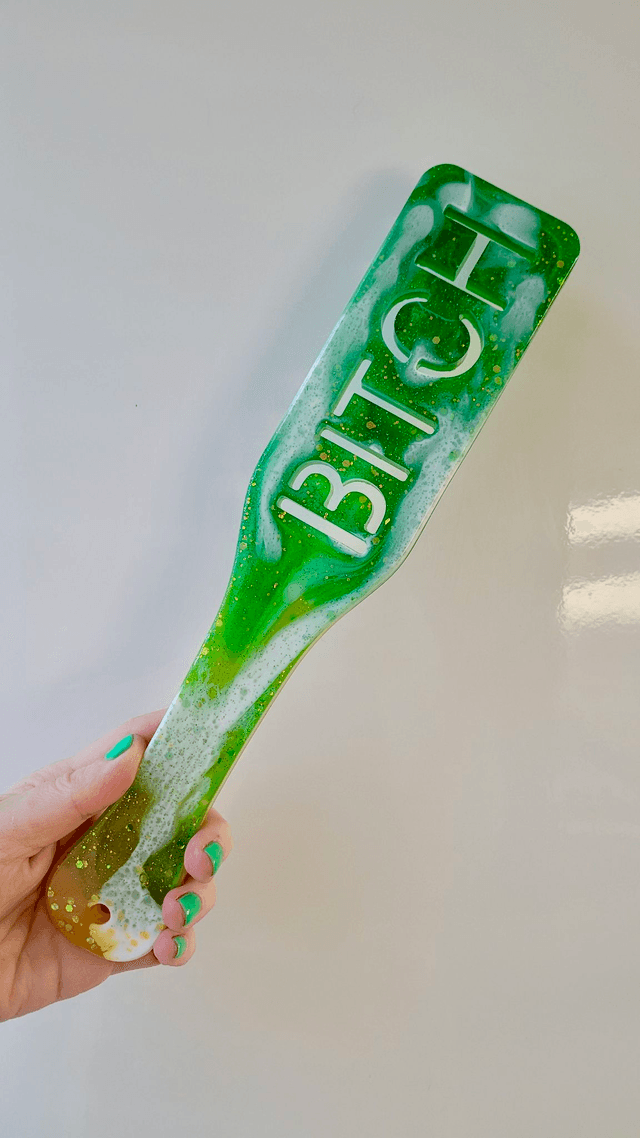 Handmade Resin Paddle – BITCH – Green & Yellow Swirl 