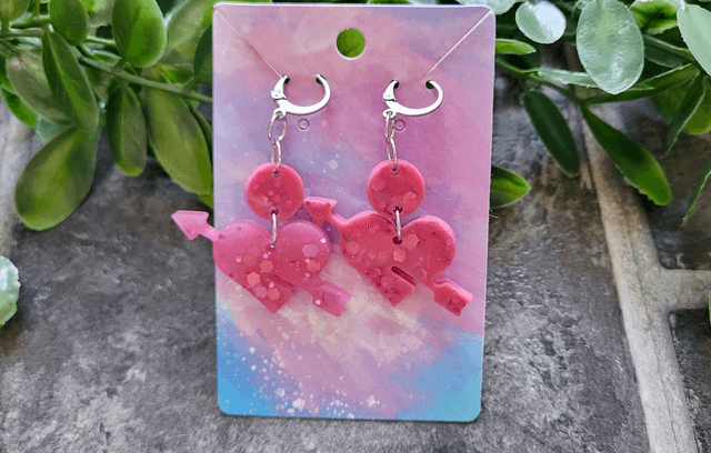 Earrings | Dusty Pink Glitter Heart and Arrow | Stainless Steel Lever back Hoops