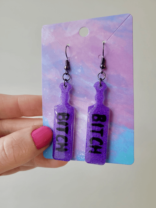 Earrings | Glitter Purple BITCH earrings  | Stainless Steel Gunmetal Black Hooks