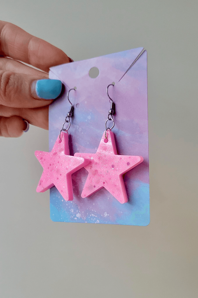 Earrings | Candy Pastel Pink Glitter Stars | Stainless Steel Hooks
