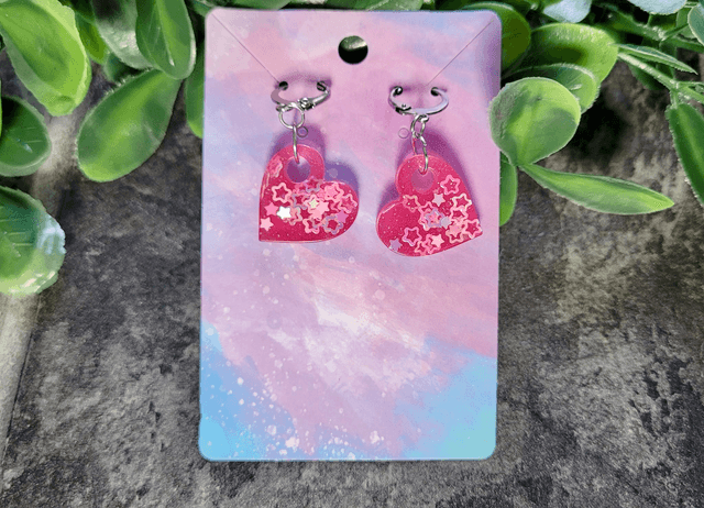 Earrings | Pink Star Glitter Hearts | Stainless Steel Lever back Hoops