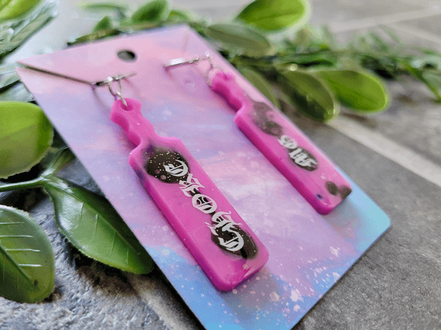 Earrings | Pink and Black Glitter Swirl Paddle Earings with the words Choke Me | Stainless Steel Leverback Hoops