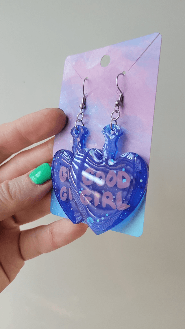 Earrings | GOOD GIRL Dark Blue Glitter Heart Paddle Earrings - Pink and Black Swirl Glitter  | Stainless Steel Hooks