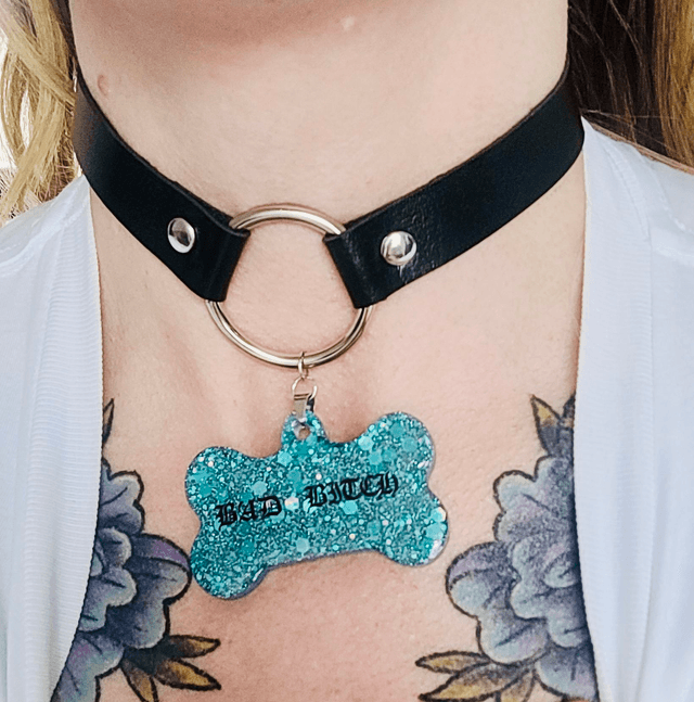 Choker - Black Faux Leather Chokers with Metal O-Ring and Resin Tags