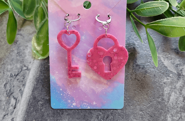 Earrings | Pink Glitter Heart Lock and Key | Stainless Steel Hoops