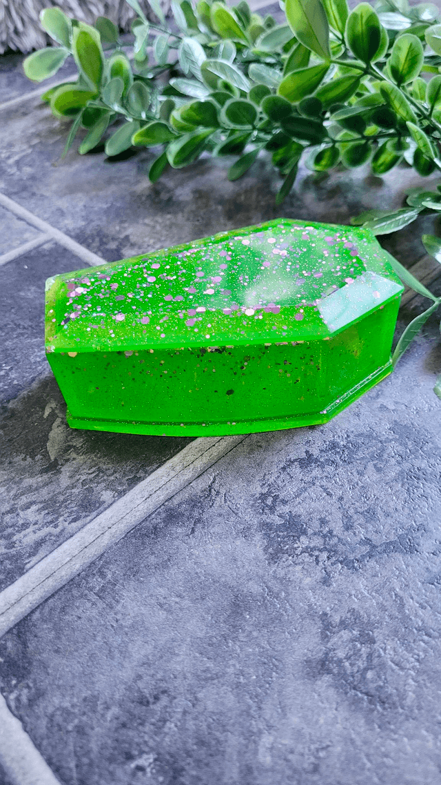 Coffin Trinket Box - Bright Green and Lilac Glitter