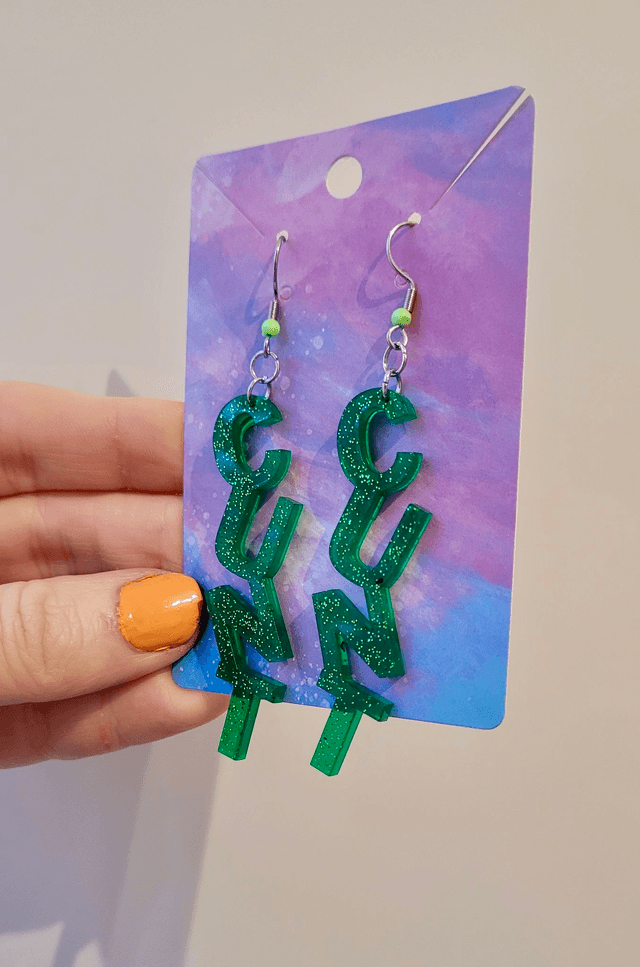 Earrings- Green Glitter CUNT Swear Earrings | Stainless Steel Shepherd Hooks