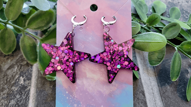 Earrings | Purple Star - Pink & Purple Holographic Glitter Star Earrings| Stainless Steel Hooks or Hoops