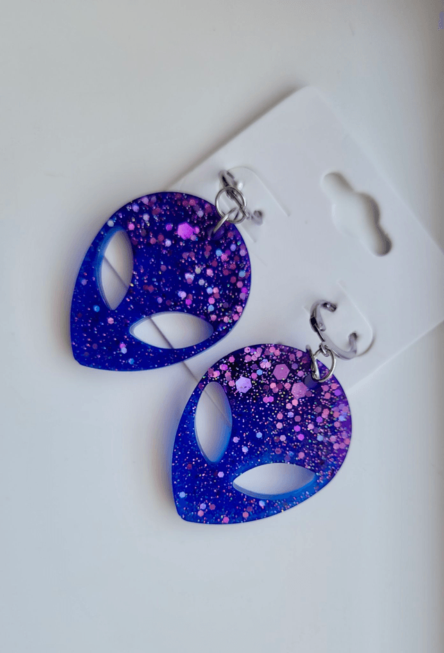 Earrings | Purple - Blue Glitter Alien Head | Stainless Steel Hoops