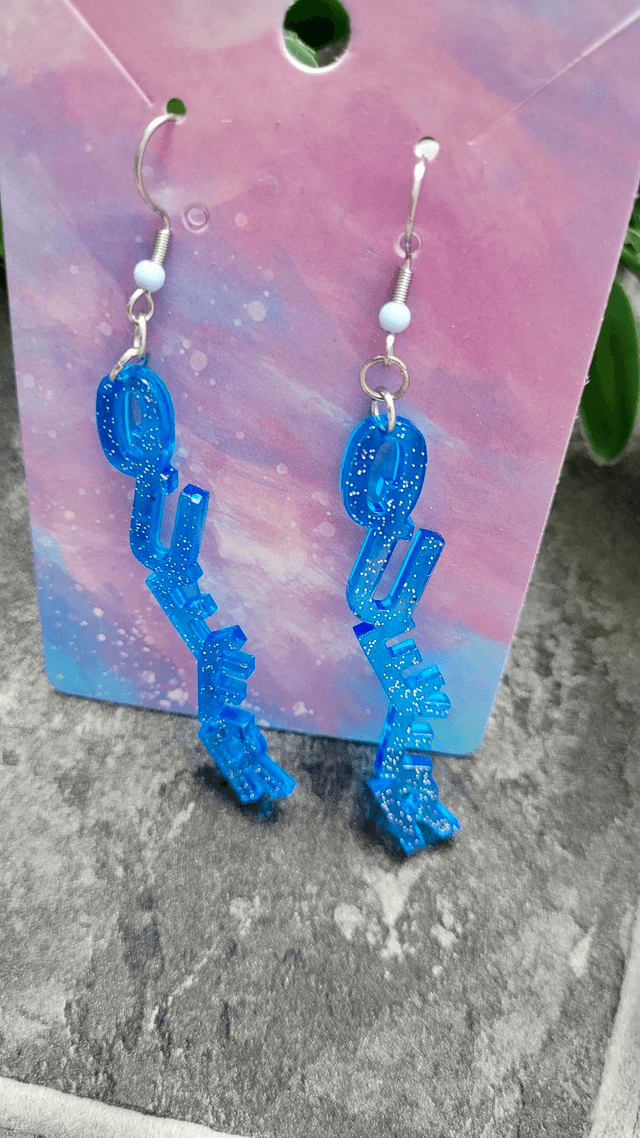Earrings- Blue & Silver Glitter QUEER Earrings | Stainless Steel Beaded Hooks