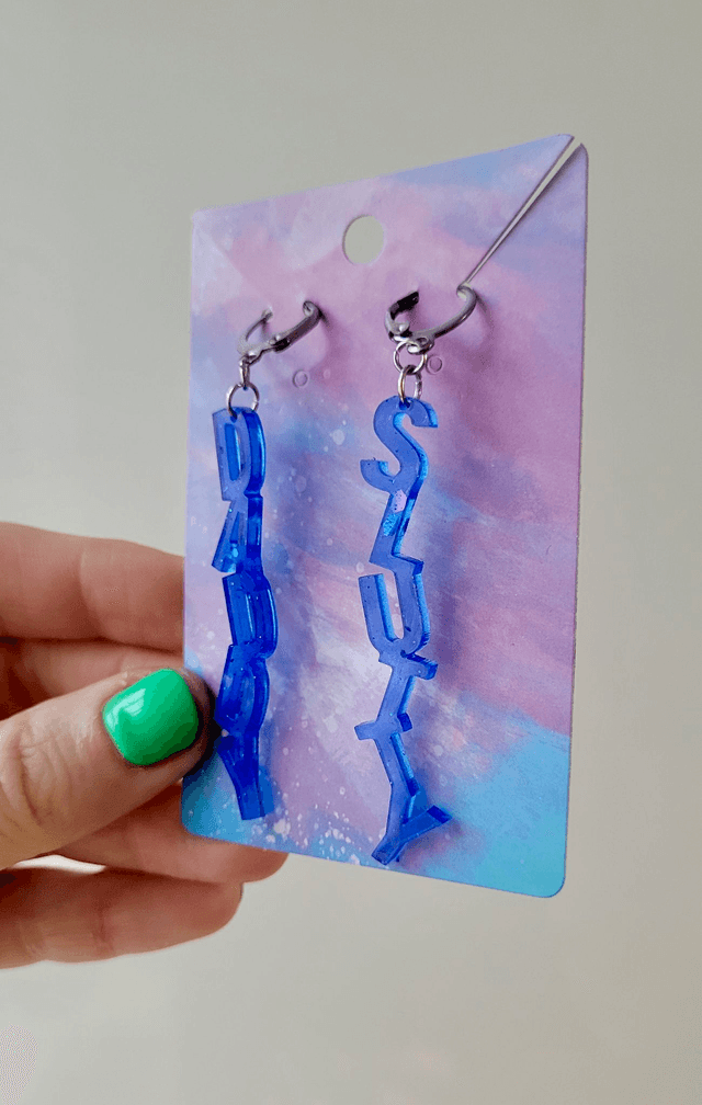 Earrings- DADDY / SLUTTY Blue Glitter Earrings | Stainless Steel Lever back Hoops