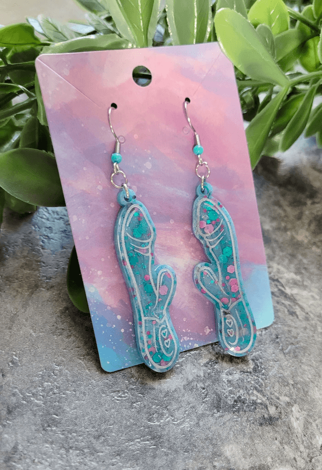 Earrings | Blue & Purple Glitter with White Outline Rabbit Vibrator Earrings | Stainless Steel Hooks & Colour Bead