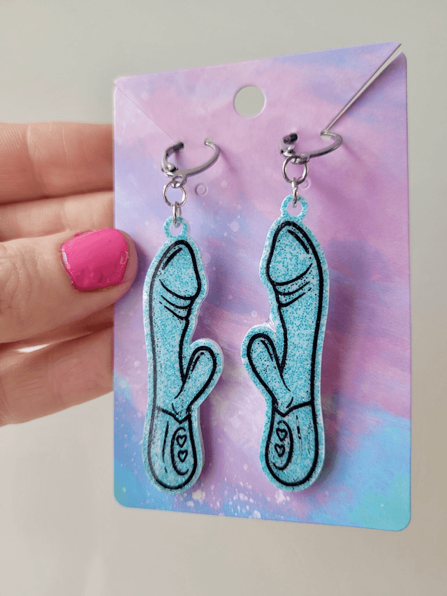 Earrings | Light Blue Glitter Rabbit Vibrator Earrings | Stainless Steel Hoops