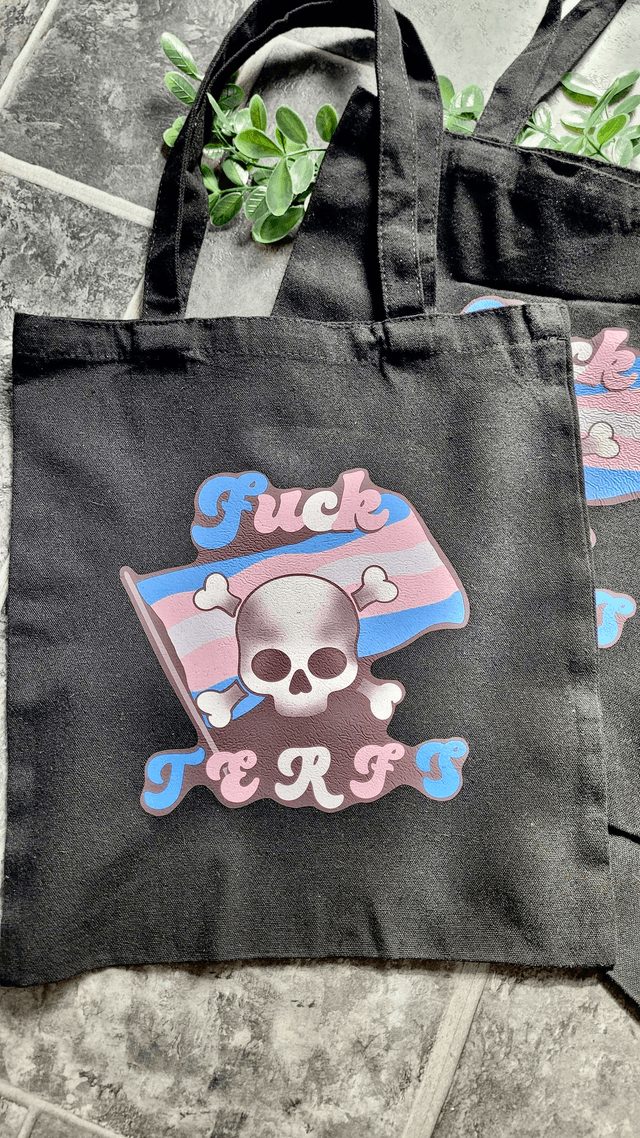 F*ck TERFs Skull, Trans Flag Pride Design | Black Tote Bag