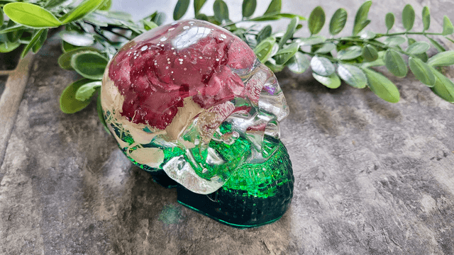 Skull Ornament - Large - Green & Clear Flower Floral Glitter