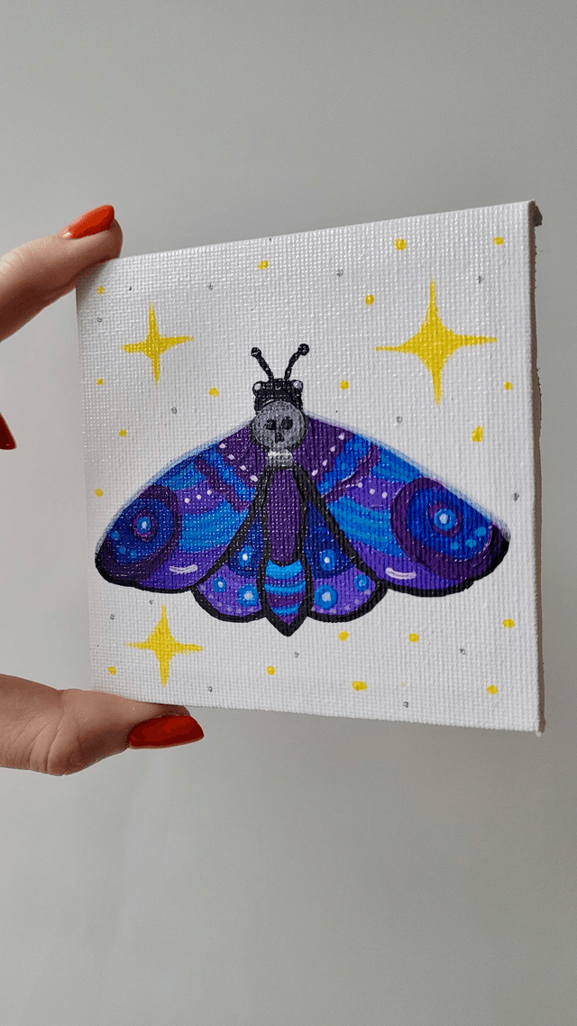 Original Mini Canvas Painting – Deathmoth Gothic Skull Moth Mini Canvas Art – Blue