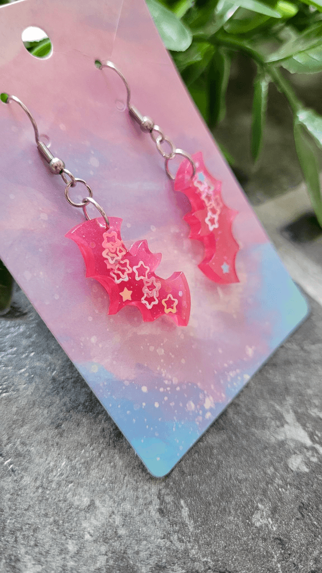 Earrings | Pink Star Glitter Bats | Stainless Steel Shepherd Hooks