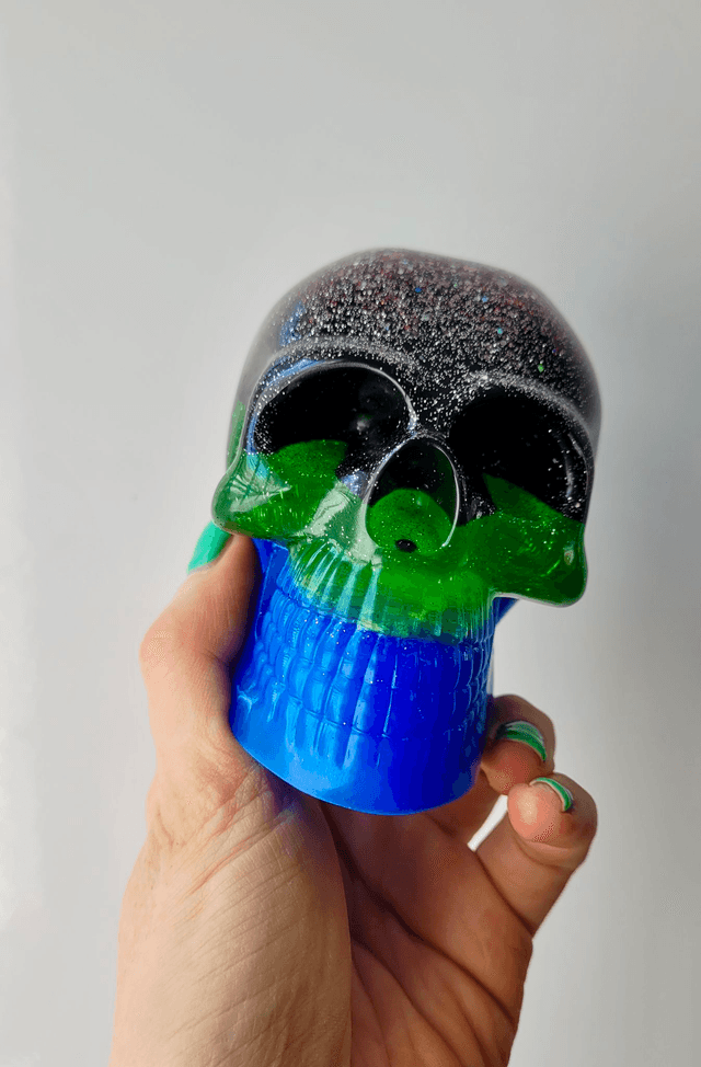 Skull Ornament - Large - Green, Blue Black Glitter Stripes