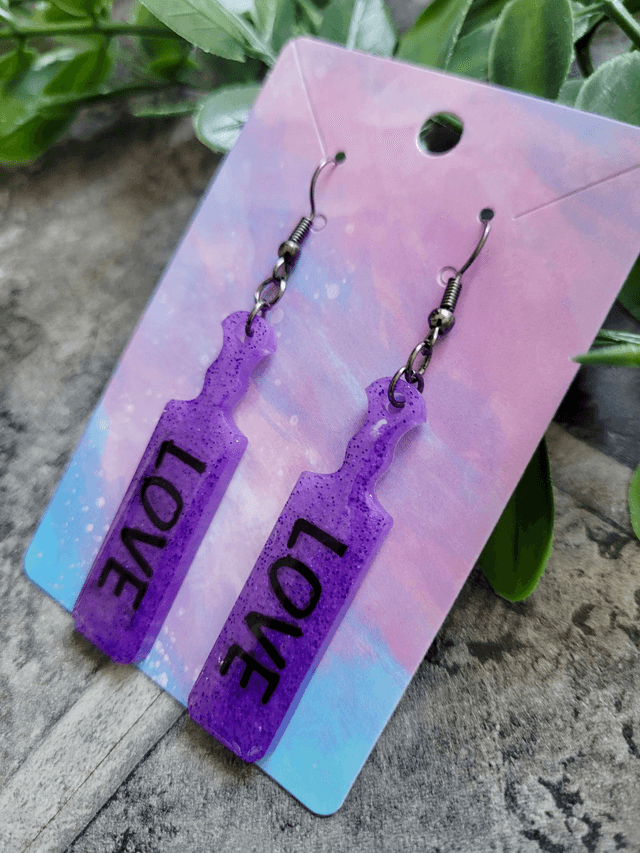 Earrings | Purple Glitter LOVE Paddle Earrings | Stainless Steel Leverback Hooks