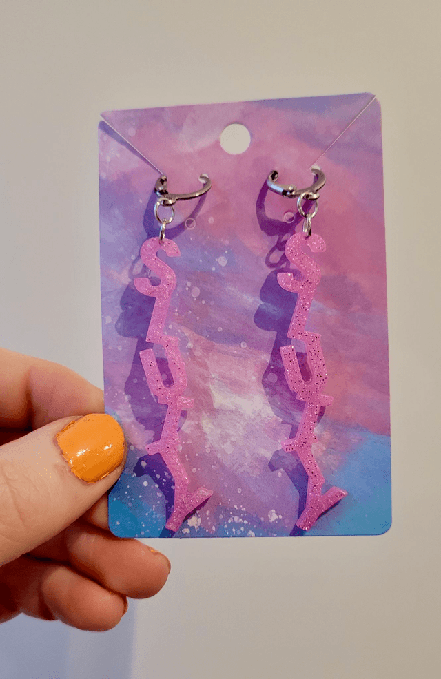 Earrings- Pink Glitter SLUTTY Earrings | Stainless Steel Lever back Hoops