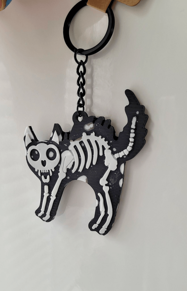 Black & White Glitter Skeleton Cat Keychain - Hellcat Keyring (1)