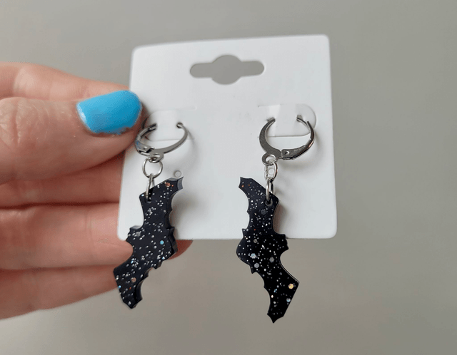 Earrings | Glittery Bats - Black Bats with Silver Glitter Sparkle | Stainless Steel Hoops