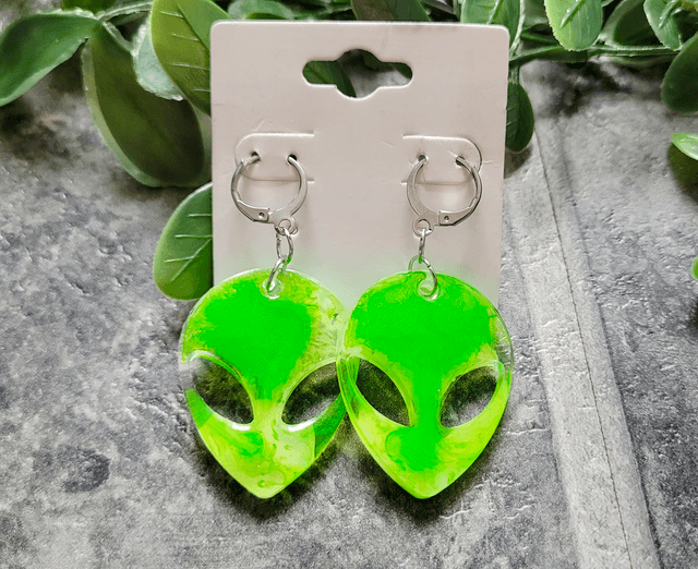Earrings | Stainless Steel Hoops - Alien Heads | Neon Green Swirl