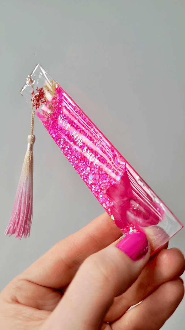 Bookmark - SLUT FOR SMUT - Bright Pink Glitter & Dried Flowers