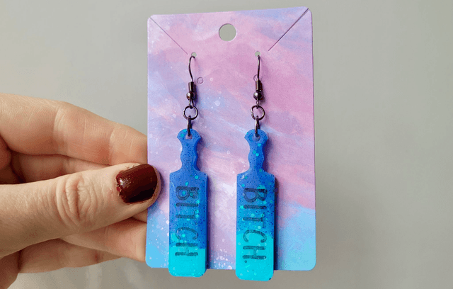 Earrings | Dark Blue-Light Blue Holographic Glitter BITCH earrings  | Stainless Steel Gunmetal Black Hooks