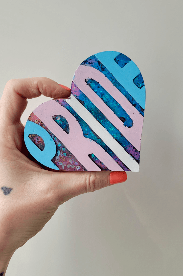 PRIDE Heart - Pink & Blue Glitter, Trans Flag Colours Text Heart Ornament