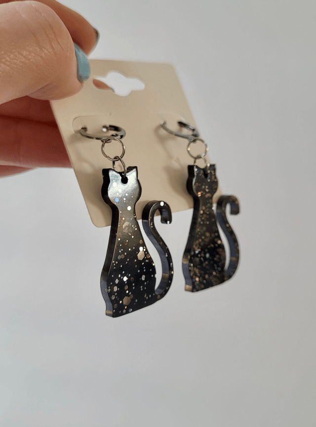 Earrings | Black Cats Sitting with tail up - with Silver Glitter Sparkle | Witch Cat Stainless Steel Hoops
