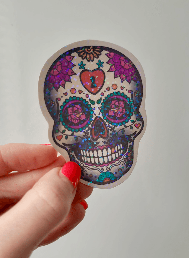 Sparkly Mexican Death Skull Sticker - Sugar Skull Day of the Dead Art