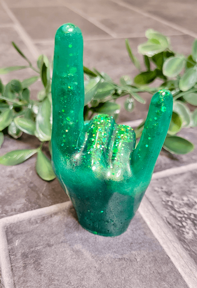 Rock On Hand Ornament – Green Glitter