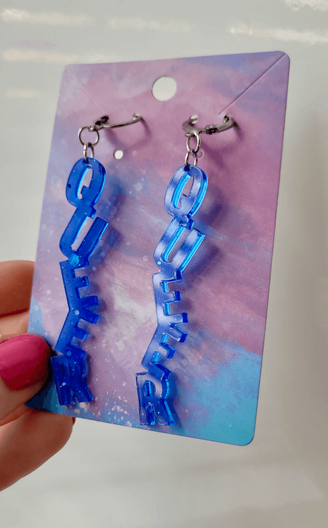 Earrings- Dark Blue Glitter QUEER Earrings | Stainless Steel Leverback Hoops
