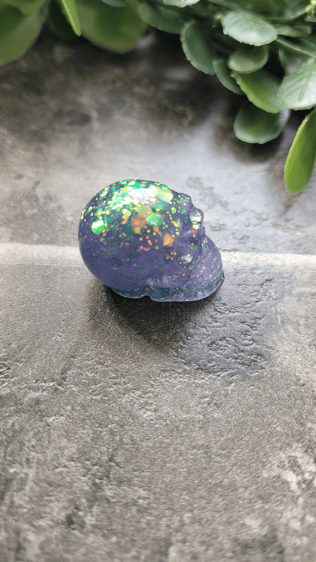Skull Ornament - Mini - Lilac Purple with Green Holographic Glitter