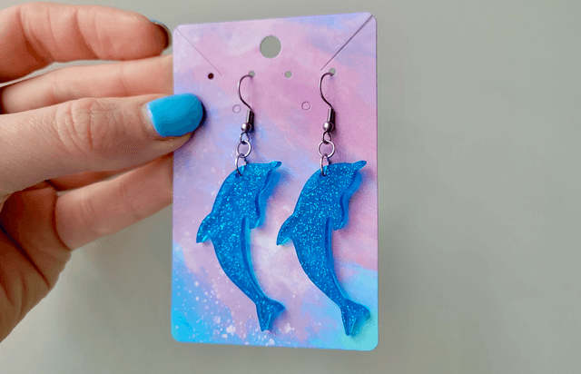 Earrings | Blue Glitter Dolphins | Stainless Steel Hooks