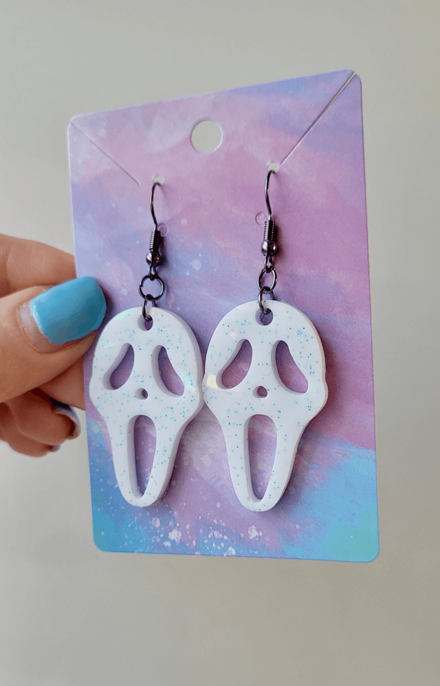 Earrings | Ghostface Scream Earrings - White & Blue Glitter | Stainless Steel Hooks - Gunmetal Black