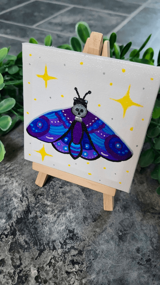 Original Mini Canvas Painting – Deathmoth Gothic Skull Moth Mini Canvas Art – Blue