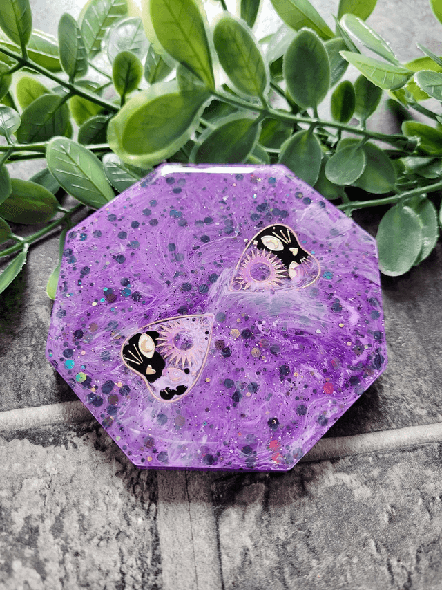 Coaster - Witchy Cat Planchette Purple Glitter Hexagon Coaster