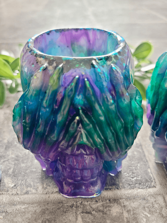 See No Evil, Hear No Evil, Speak No Evil - Set of 3 Skull Tea Light Candle Holders | Purple & Green Glitter
