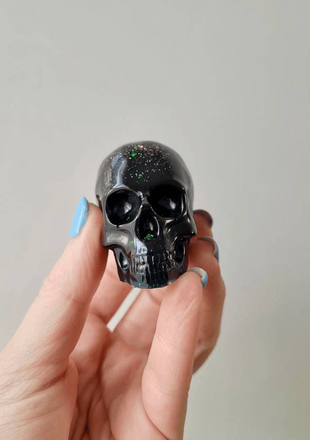 Skull Ornament - Medium - Black with Silver & Green Glitter